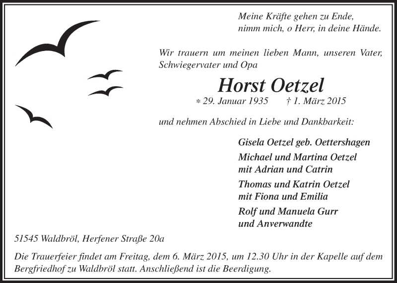  Traueranzeige für Horst Oetzel vom 04.03.2015 aus  Lokalanzeiger 