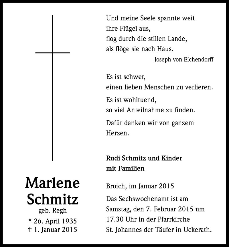  Traueranzeige für Marlene Schmitz vom 30.01.2015 aus Kölner Stadt-Anzeiger / Kölnische Rundschau / Express
