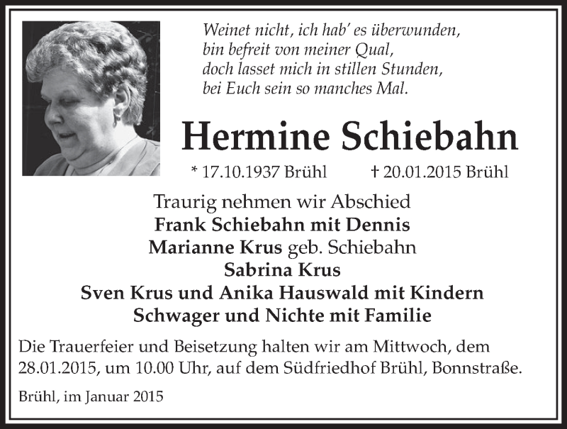  Traueranzeige für Hermine Schiebahn vom 28.01.2015 aus  Schlossbote/Werbekurier 