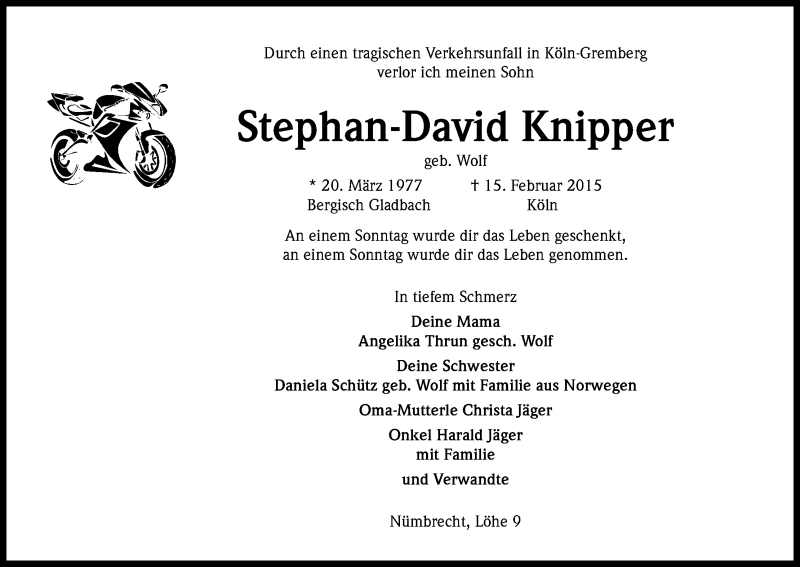  Traueranzeige für Stephan-David Knipper vom 19.02.2015 aus Kölner Stadt-Anzeiger / Kölnische Rundschau / Express
