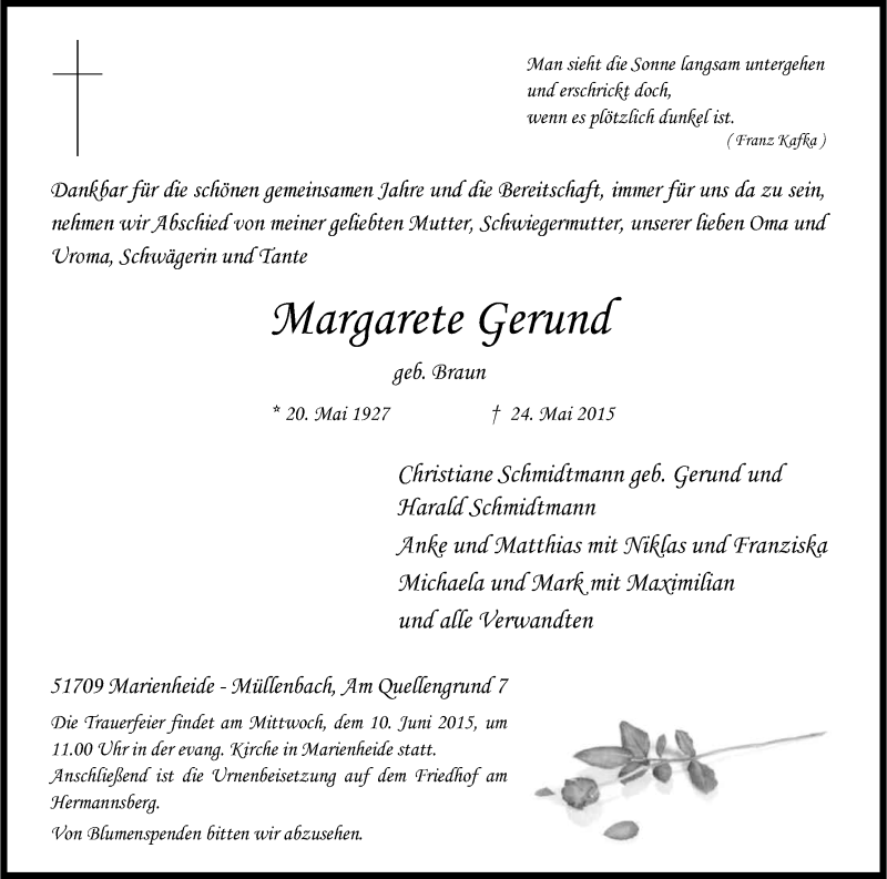  Traueranzeige für Margarete Gerund vom 29.05.2015 aus Kölner Stadt-Anzeiger / Kölnische Rundschau / Express