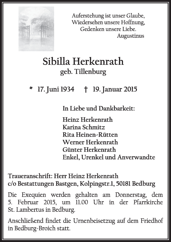  Traueranzeige für Sibilla Herkenrath vom 31.01.2015 aus  Sonntags-Post 