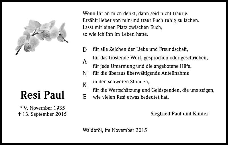  Traueranzeige für Resi Paul vom 28.11.2015 aus Kölner Stadt-Anzeiger / Kölnische Rundschau / Express