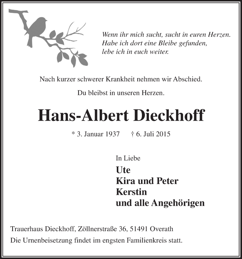 Traueranzeige für Hans-Albert Dieckhoff vom 15.07.2015 aus  Bergisches Handelsblatt 