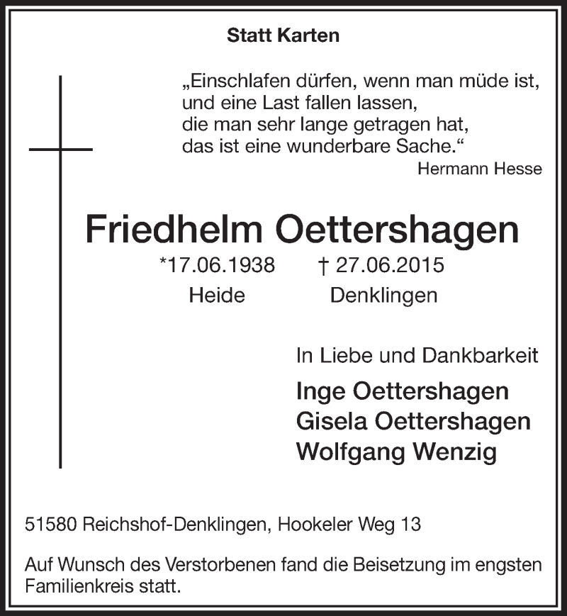  Traueranzeige für Friedhelm Oettershagen vom 08.07.2015 aus  Lokalanzeiger 