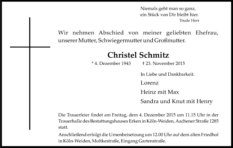  Traueranzeige für Christel Schmitz vom 28.11.2015 aus Kölner Stadt-Anzeiger / Kölnische Rundschau / Express