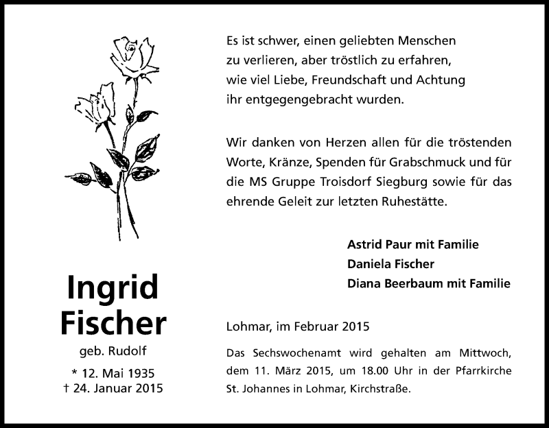  Traueranzeige für Ingrid Fischer vom 28.02.2015 aus Kölner Stadt-Anzeiger / Kölnische Rundschau / Express