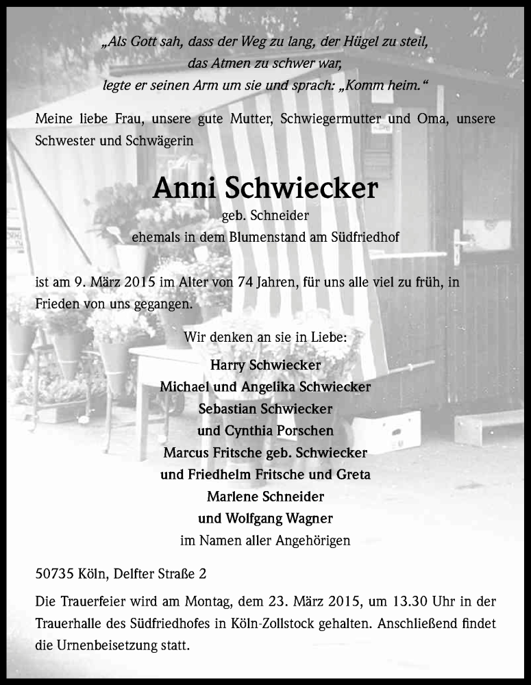  Traueranzeige für Anni Schwiecker vom 14.03.2015 aus Kölner Stadt-Anzeiger / Kölnische Rundschau / Express