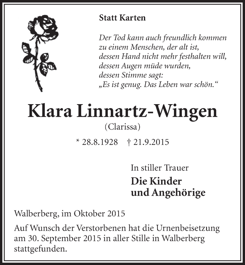  Traueranzeige für Klara Linnartz-Wingen vom 07.10.2015 aus  Schlossbote/Werbekurier 