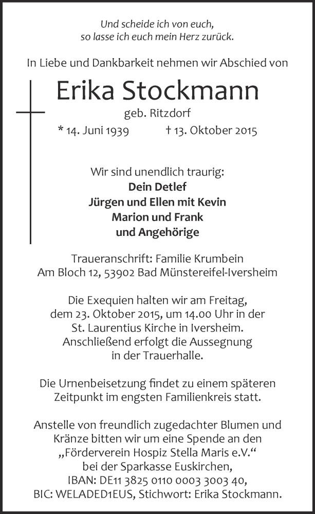  Traueranzeige für Erika Stockmann vom 18.10.2015 aus  Blickpunkt Euskirchen 