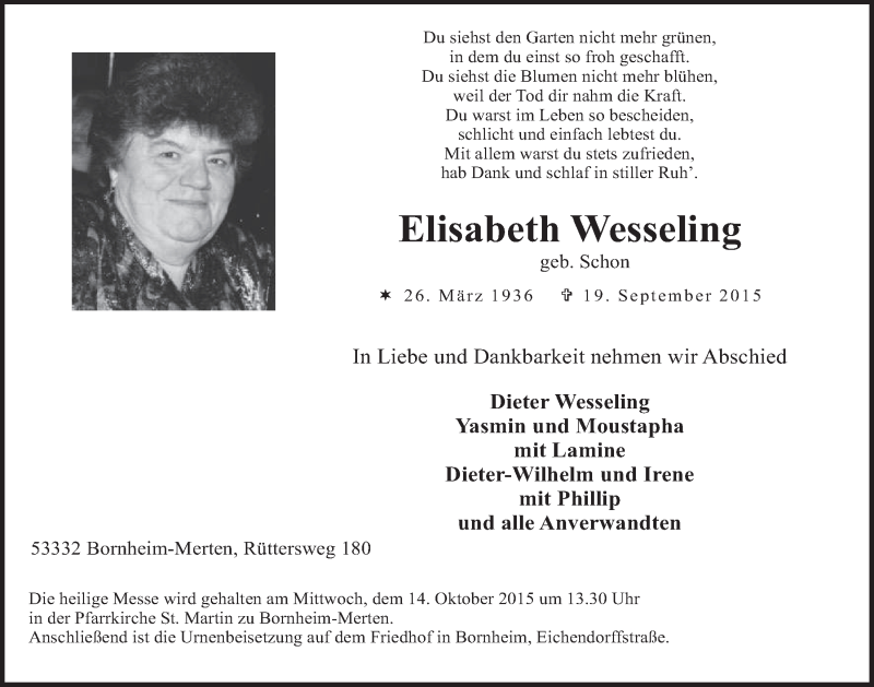  Traueranzeige für Elisabeth Wesseling vom 07.10.2015 aus  Schlossbote/Werbekurier 