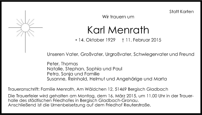 Traueranzeige für Karl Menrath vom 13.03.2015 aus Kölner Stadt-Anzeiger / Kölnische Rundschau / Express