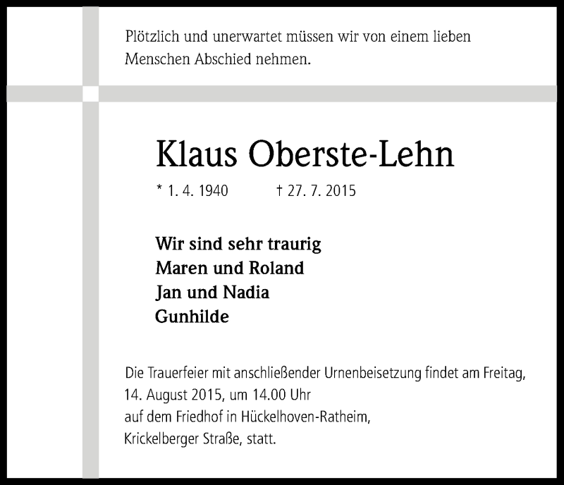  Traueranzeige für Klaus Oberste-Lehn vom 06.08.2015 aus Kölner Stadt-Anzeiger / Kölnische Rundschau / Express