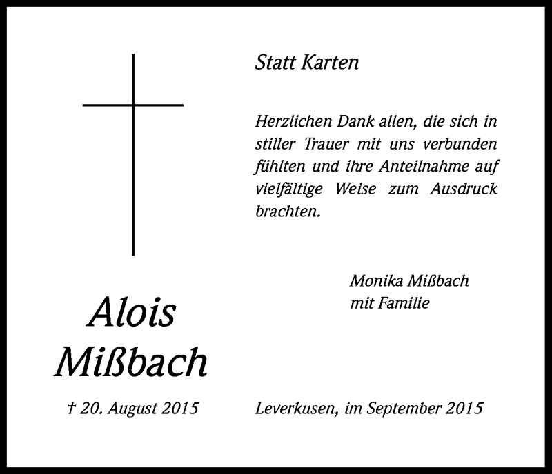  Traueranzeige für Alois Mißbach vom 16.09.2015 aus Kölner Stadt-Anzeiger / Kölnische Rundschau / Express