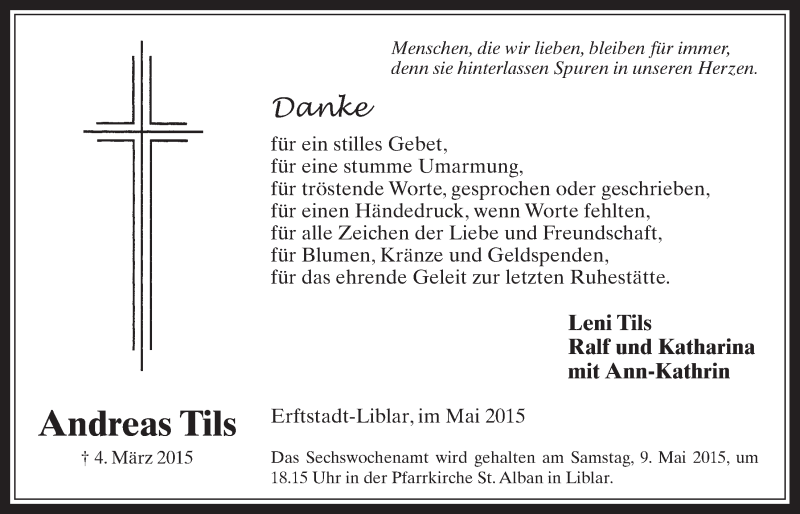  Traueranzeige für Andreas Tils vom 06.05.2015 aus  Werbepost 