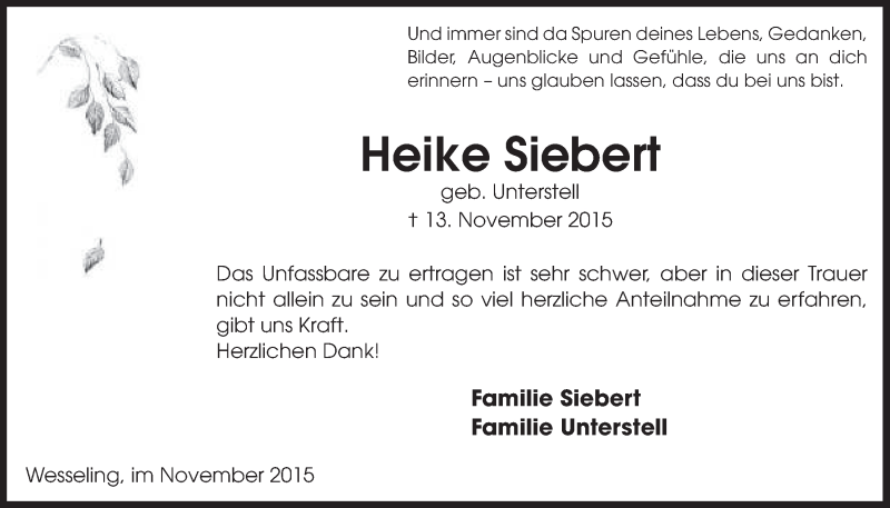  Traueranzeige für Heike Siebert vom 16.12.2015 aus  Schlossbote/Werbekurier 