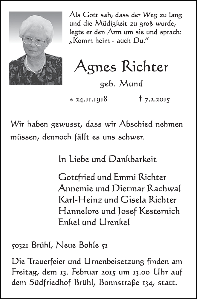  Traueranzeige für Agnes Richter vom 11.02.2015 aus  Schlossbote/Werbekurier 