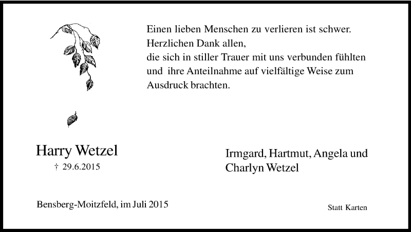  Traueranzeige für Harry Wetzel vom 25.07.2015 aus Kölner Stadt-Anzeiger / Kölnische Rundschau / Express