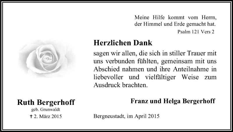  Traueranzeige für Ruth Bergerhoff vom 18.04.2015 aus Kölner Stadt-Anzeiger / Kölnische Rundschau / Express