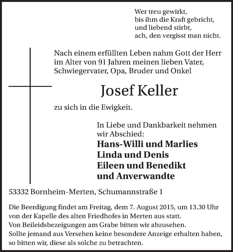  Traueranzeige für Josef Keller vom 05.08.2015 aus  Schlossbote/Werbekurier 
