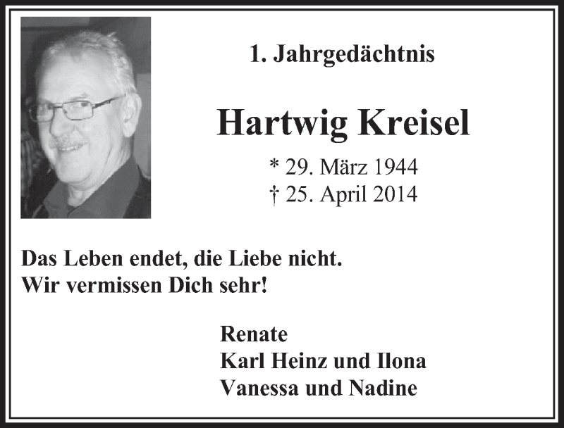  Traueranzeige für Hartwig Kreisel vom 25.04.2015 aus  Sonntags-Post 
