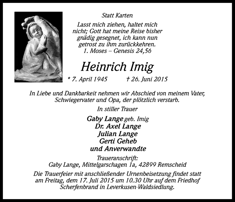  Traueranzeige für Heinrich Imig vom 10.07.2015 aus Kölner Stadt-Anzeiger / Kölnische Rundschau / Express