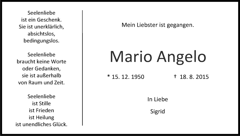  Traueranzeige für Mario Angelo vom 29.08.2015 aus Kölner Stadt-Anzeiger / Kölnische Rundschau / Express