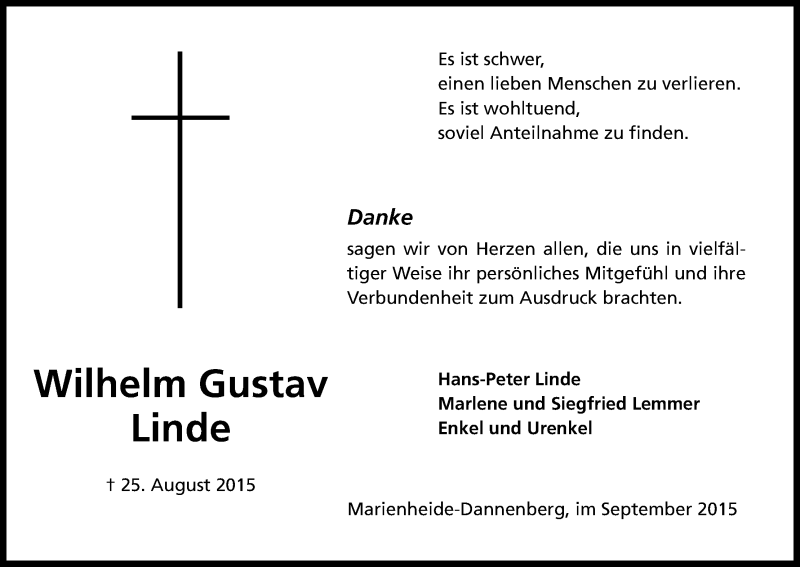  Traueranzeige für Wilhelm Gustav Linde vom 26.09.2015 aus Kölner Stadt-Anzeiger / Kölnische Rundschau / Express