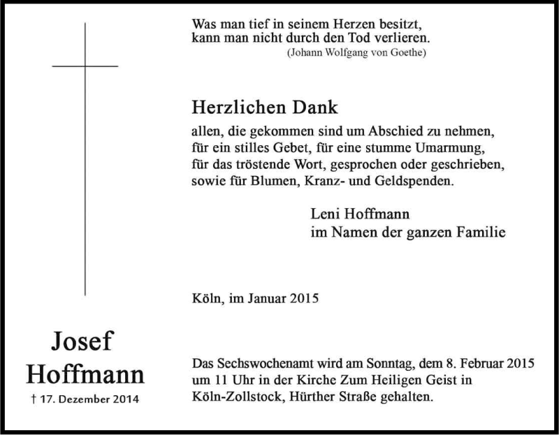  Traueranzeige für Josef Hoffmann vom 14.01.2015 aus Kölner Stadt-Anzeiger / Kölnische Rundschau / Express