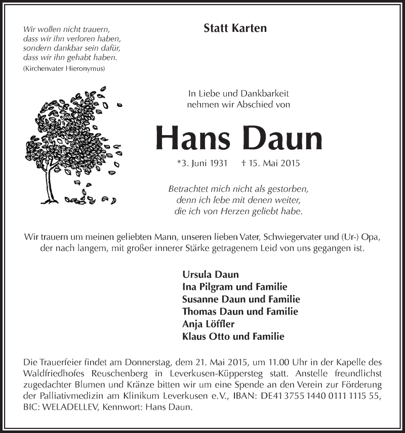  Traueranzeige für Hans Daun vom 20.05.2015 aus  Lokale Informationen 