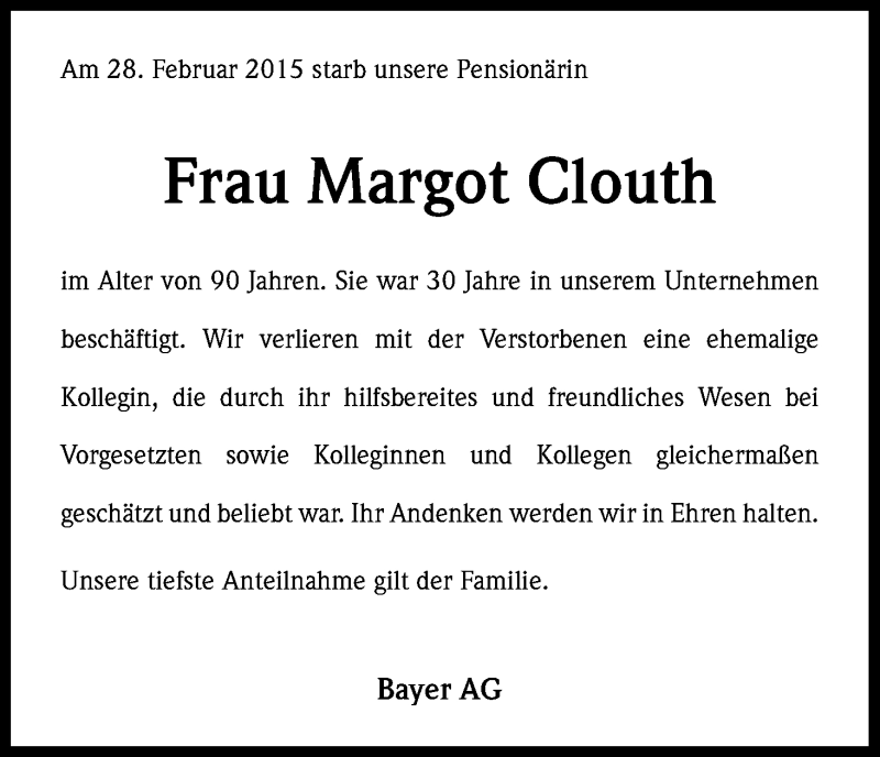  Traueranzeige für Margot Clouth vom 11.03.2015 aus Kölner Stadt-Anzeiger / Kölnische Rundschau / Express