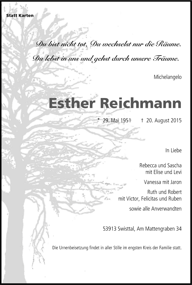  Traueranzeige für Esther Reichmann vom 29.08.2015 aus Kölner Stadt-Anzeiger / Kölnische Rundschau / Express