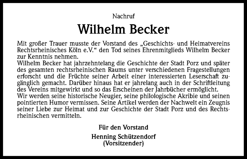  Traueranzeige für Wilhelm Becker vom 02.07.2015 aus Kölner Stadt-Anzeiger / Kölnische Rundschau / Express