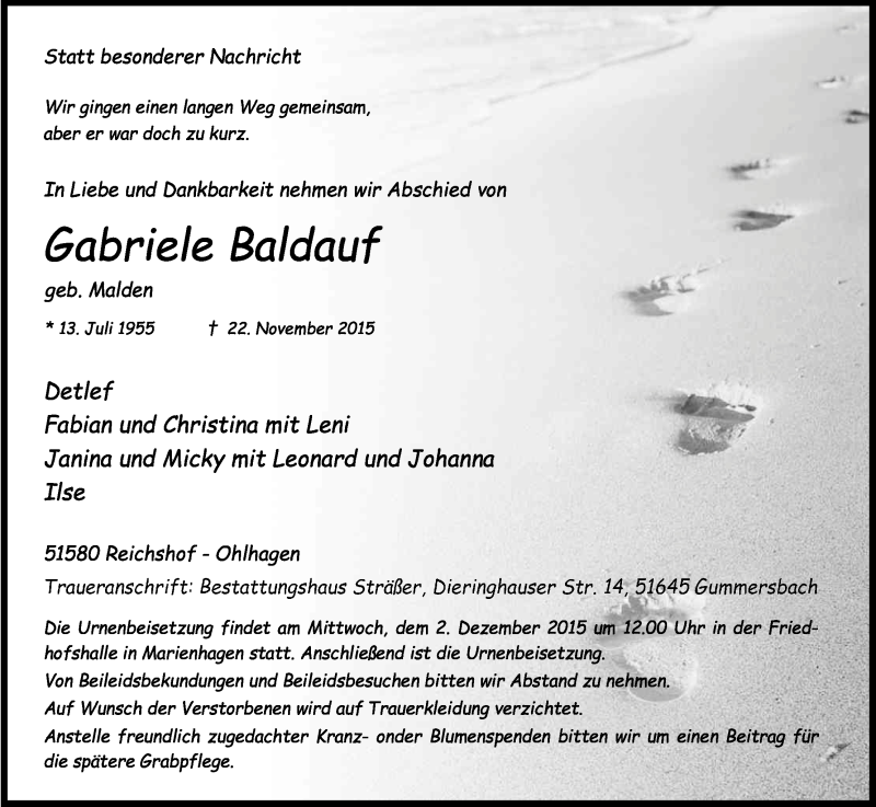  Traueranzeige für Gabriele Baldauf vom 27.11.2015 aus Kölner Stadt-Anzeiger / Kölnische Rundschau / Express