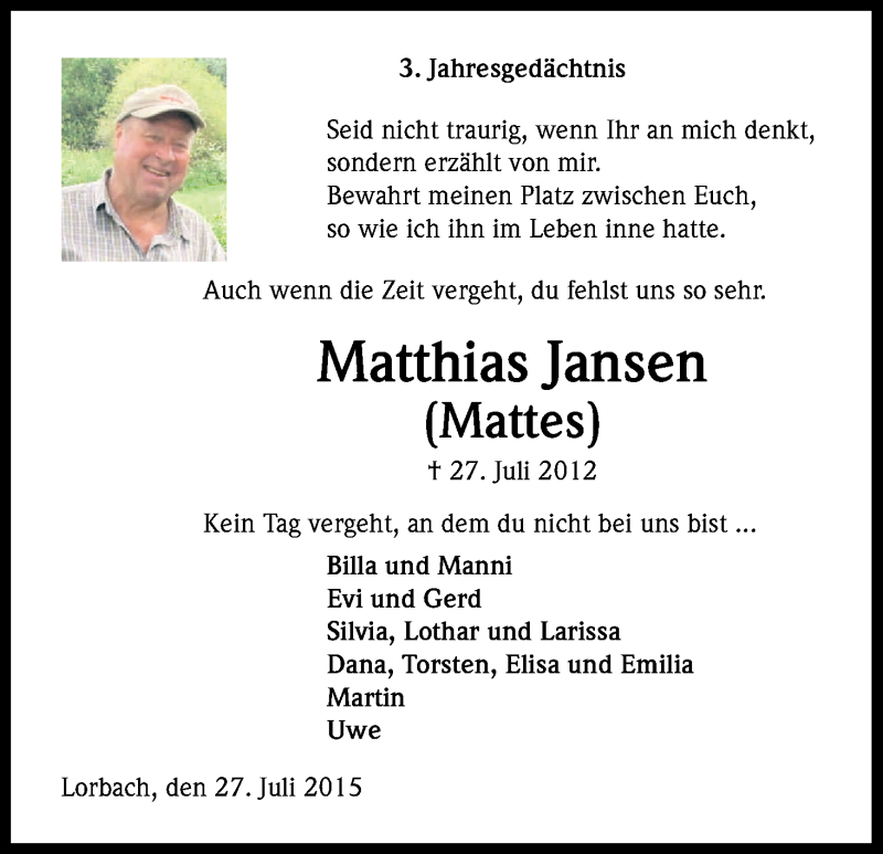  Traueranzeige für Matthias Jansen vom 27.07.2015 aus Kölner Stadt-Anzeiger / Kölnische Rundschau / Express