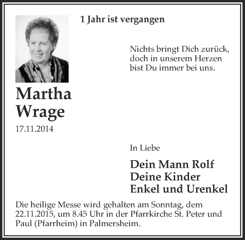  Traueranzeige für Martha Wrage vom 15.11.2015 aus  Blickpunkt Euskirchen 