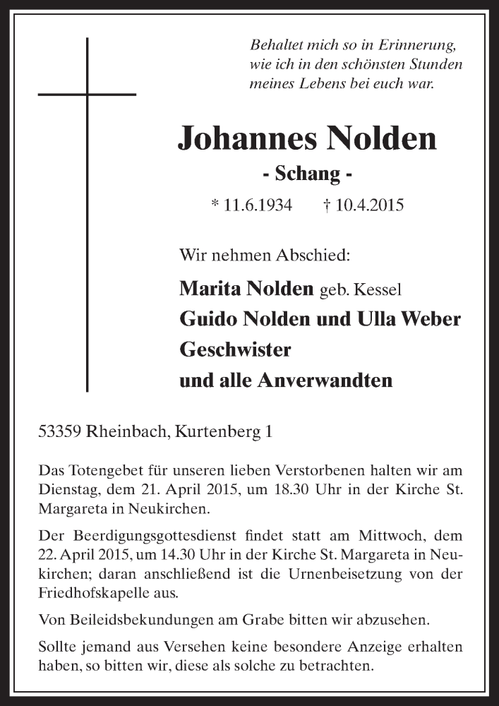  Traueranzeige für Johannes Nolden vom 19.04.2015 aus  Blickpunkt Euskirchen 