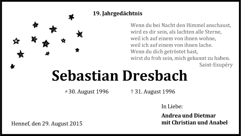  Traueranzeige für Sebastian Dresbach vom 29.08.2015 aus Kölner Stadt-Anzeiger / Kölnische Rundschau / Express
