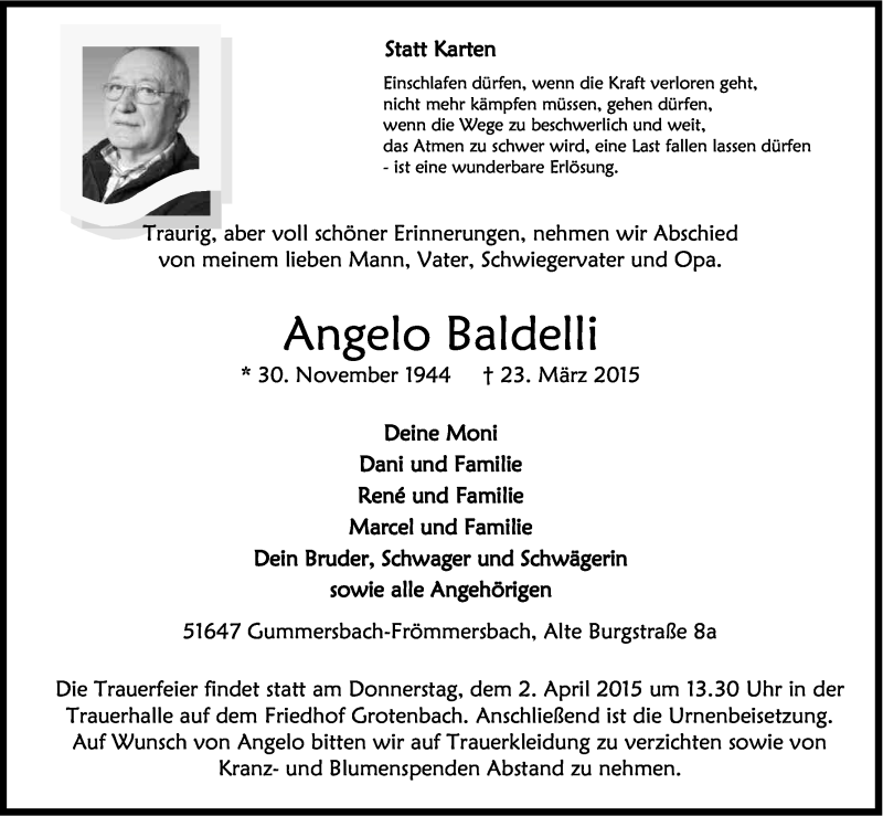 Traueranzeige für Angelo Baldelli vom 28.03.2015 aus Kölner Stadt-Anzeiger / Kölnische Rundschau / Express