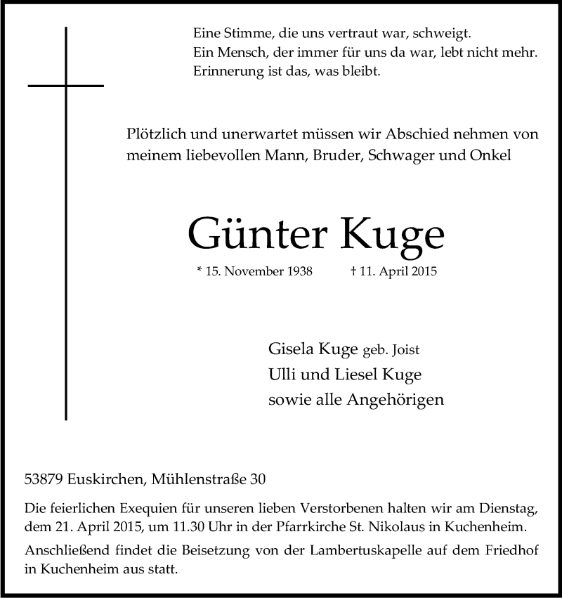  Traueranzeige für Günter Kuge vom 16.04.2015 aus Kölner Stadt-Anzeiger / Kölnische Rundschau / Express
