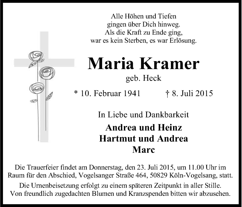  Traueranzeige für Maria Kramer vom 18.07.2015 aus Kölner Stadt-Anzeiger / Kölnische Rundschau / Express