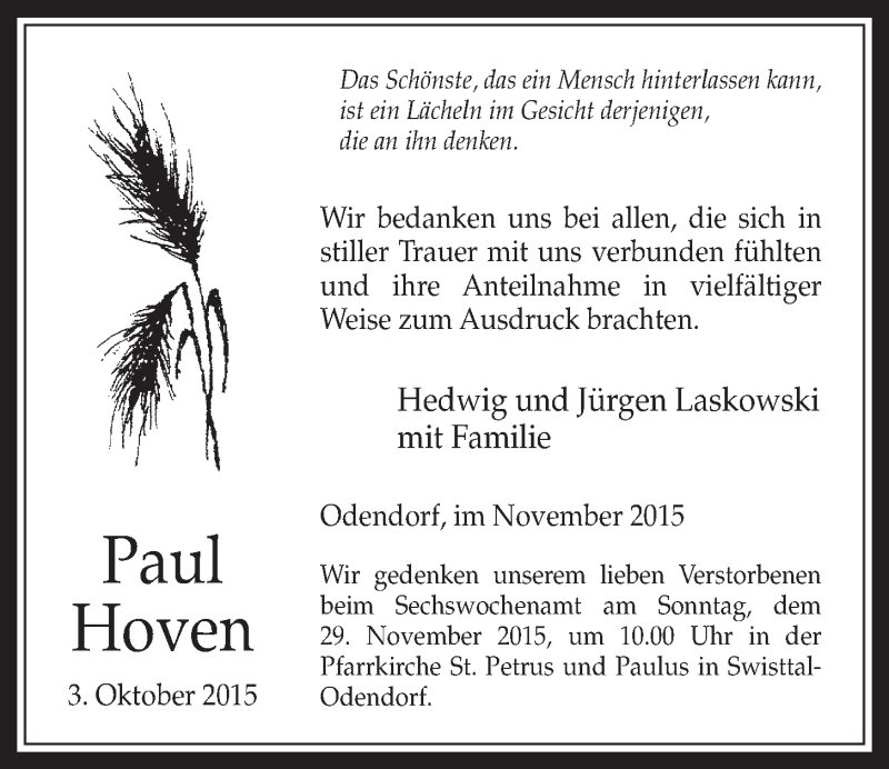  Traueranzeige für Paul Hoven vom 25.11.2015 aus  Schaufenster/Blickpunkt 