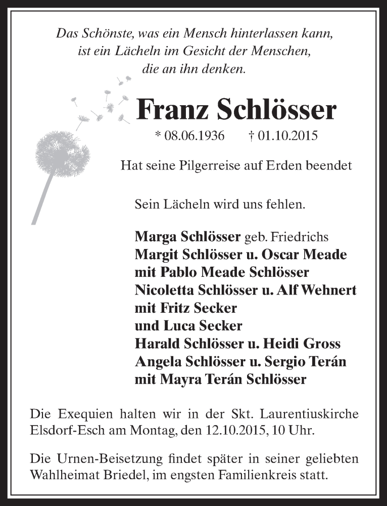  Traueranzeige für Franz Schlösser vom 07.10.2015 aus  Werbepost 