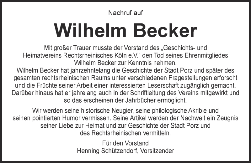 Traueranzeige für Wilhelm Becker vom 08.07.2015 aus  Kölner Wochenspiegel 