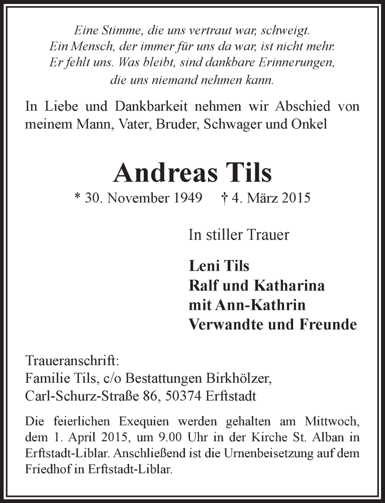  Traueranzeige für Andreas Tils vom 28.03.2015 aus  Sonntags-Post 
