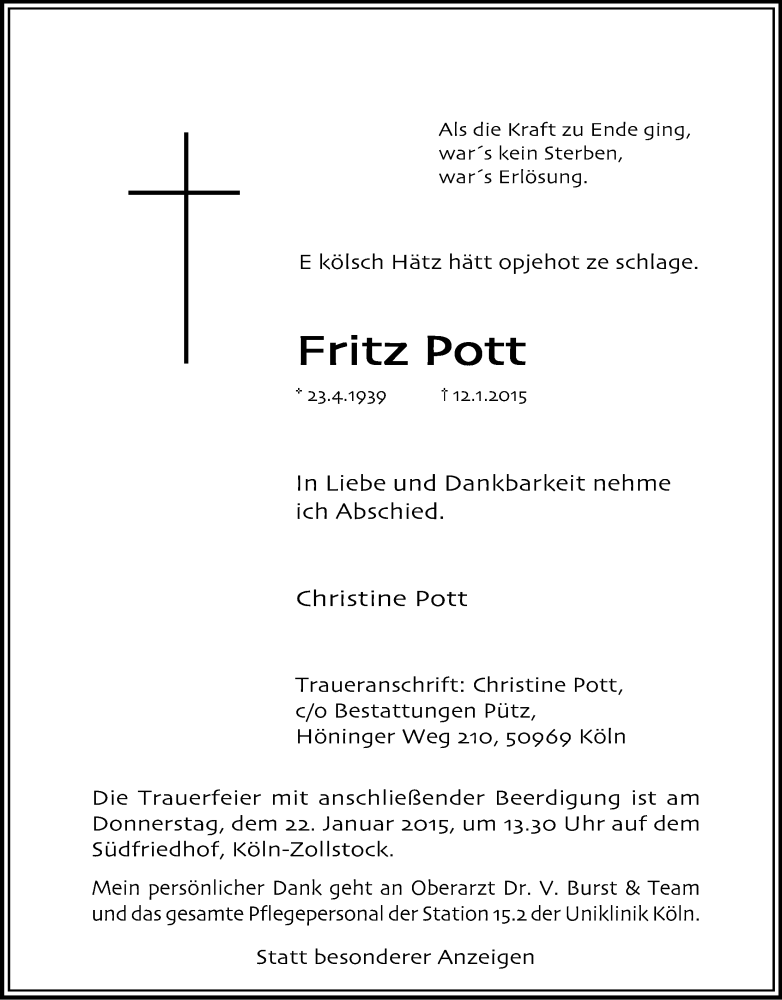  Traueranzeige für Fritz Pott vom 17.01.2015 aus Kölner Stadt-Anzeiger / Kölnische Rundschau / Express