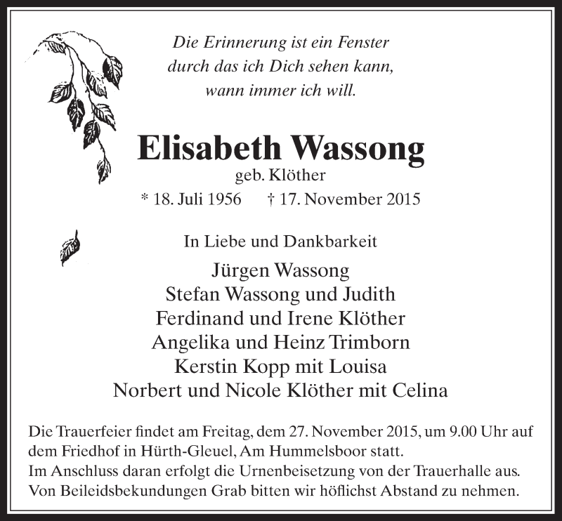  Traueranzeige für Elisabeth Wassong vom 25.11.2015 aus  Wochenende 