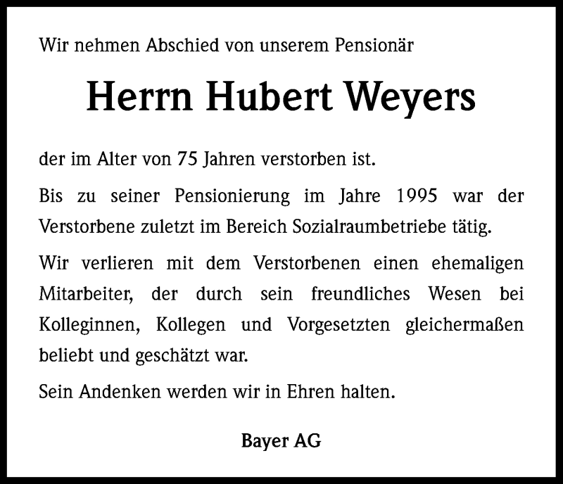  Traueranzeige für Hubert Weyers vom 27.03.2015 aus Kölner Stadt-Anzeiger / Kölnische Rundschau / Express
