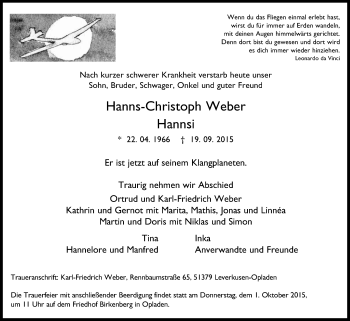 Anzeige von Hanns-Christoph Weber von Kölner Stadt-Anzeiger / Kölnische Rundschau / Express