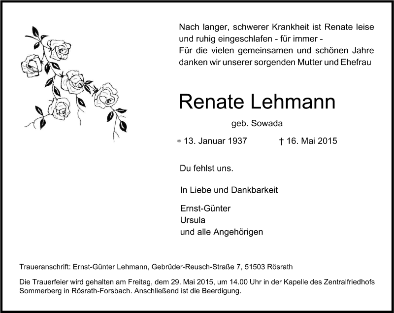  Traueranzeige für Renate Lehmann vom 21.05.2015 aus Kölner Stadt-Anzeiger / Kölnische Rundschau / Express